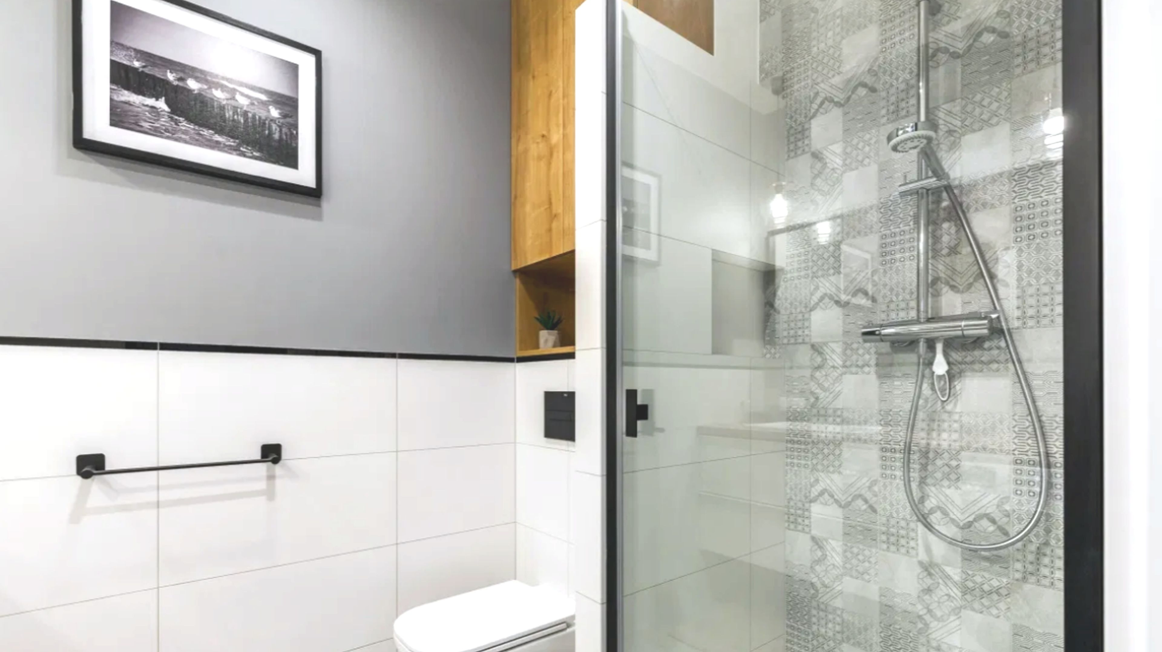 A modern bathroom with a glass shower enclosure, a toilet, and a framed photograph on the wall.