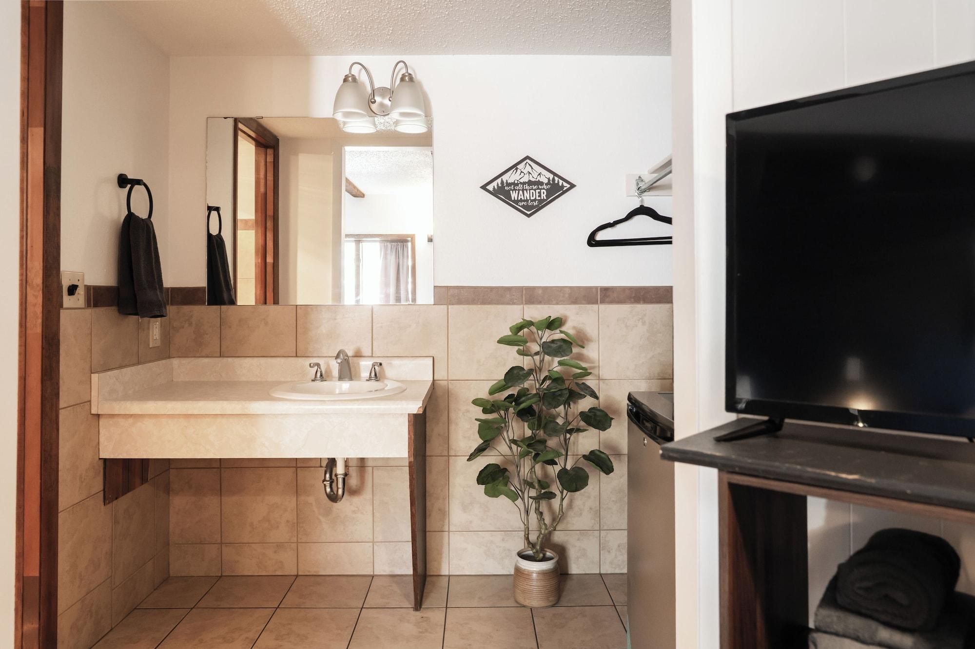 Un baño con lavamanos, espejo, toallero, planta en maceta y televisión.