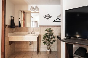 A bathroom with a sink, mirror, towel rack, potted plant, and a television. - The Alpine Motel (Collbran)