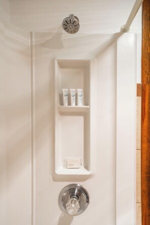 A bathroom with a white wall, a shelf with three bottles, a soap dish, and a showerhead. - The Alpine Motel (Collbran)