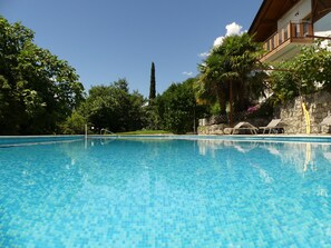 Ein klares Schwimmbecken mit Liegestühlen und einer Steinmauer.