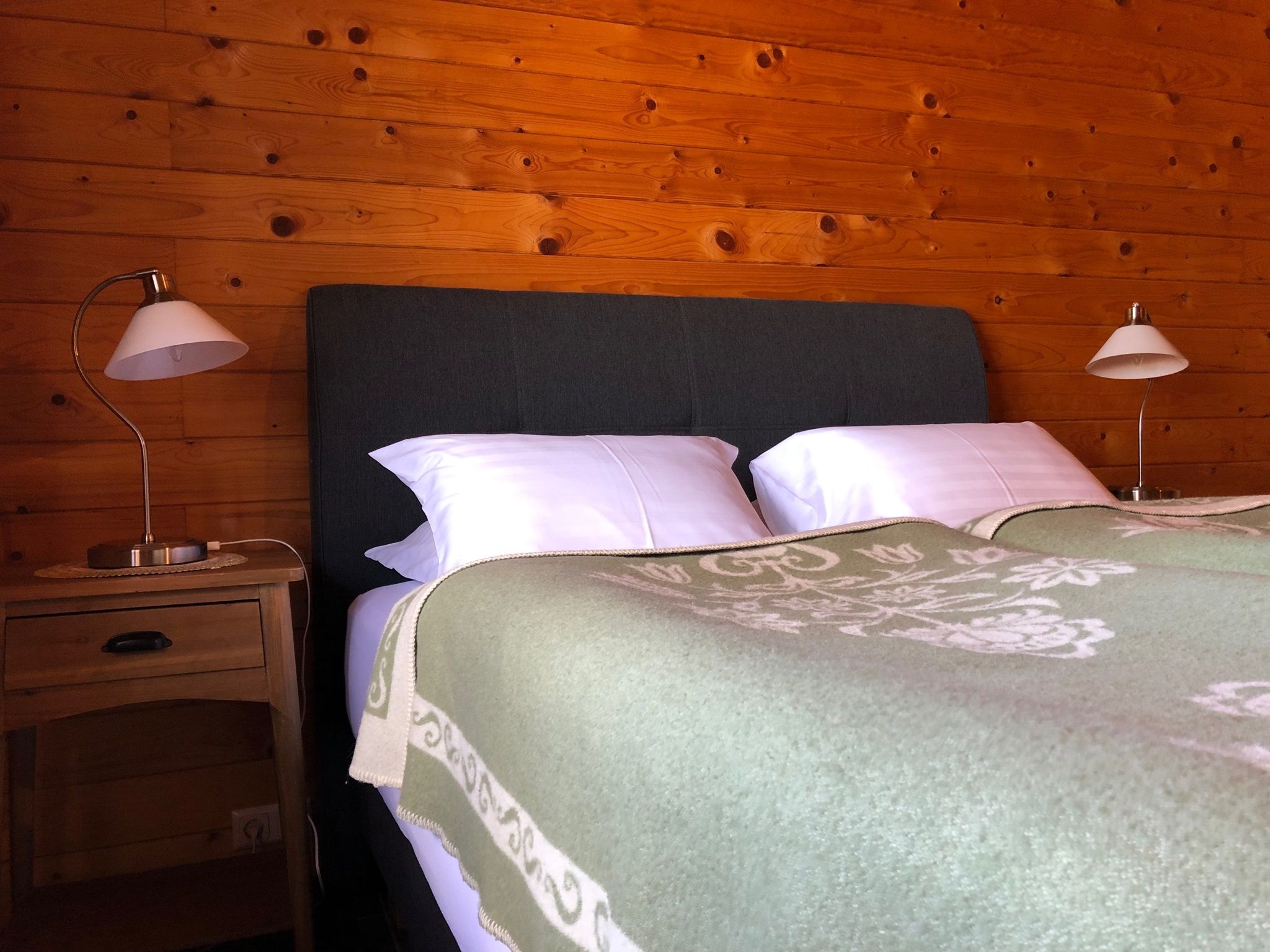 A wooden-paneled room with a bed, two bedside lamps, a nightstand, and a drawer.
