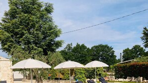 Zona de piscina con sillones de descanso y sombrillas, rodeada de vegetación y estructuras de piedra.