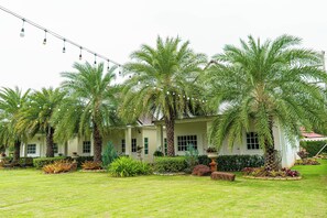 A house with a well-maintained lawn, palm trees, and string lights. - Saithong Resort (Pranburi)