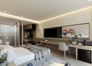 A modern hotel room with a bed, desk, chair, and a TV mounted on the wall. - Infinity Napa Hotel (Ayia Napa)