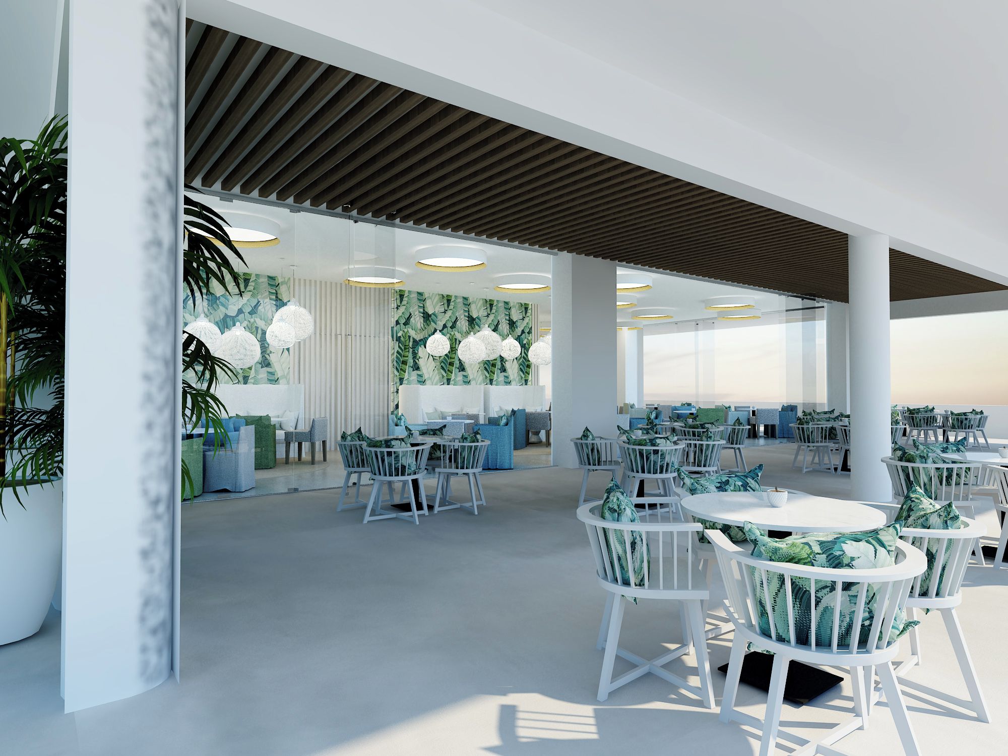 A spacious indoor area with multiple seating arrangements, including tables and chairs, and a large window providing natural light.