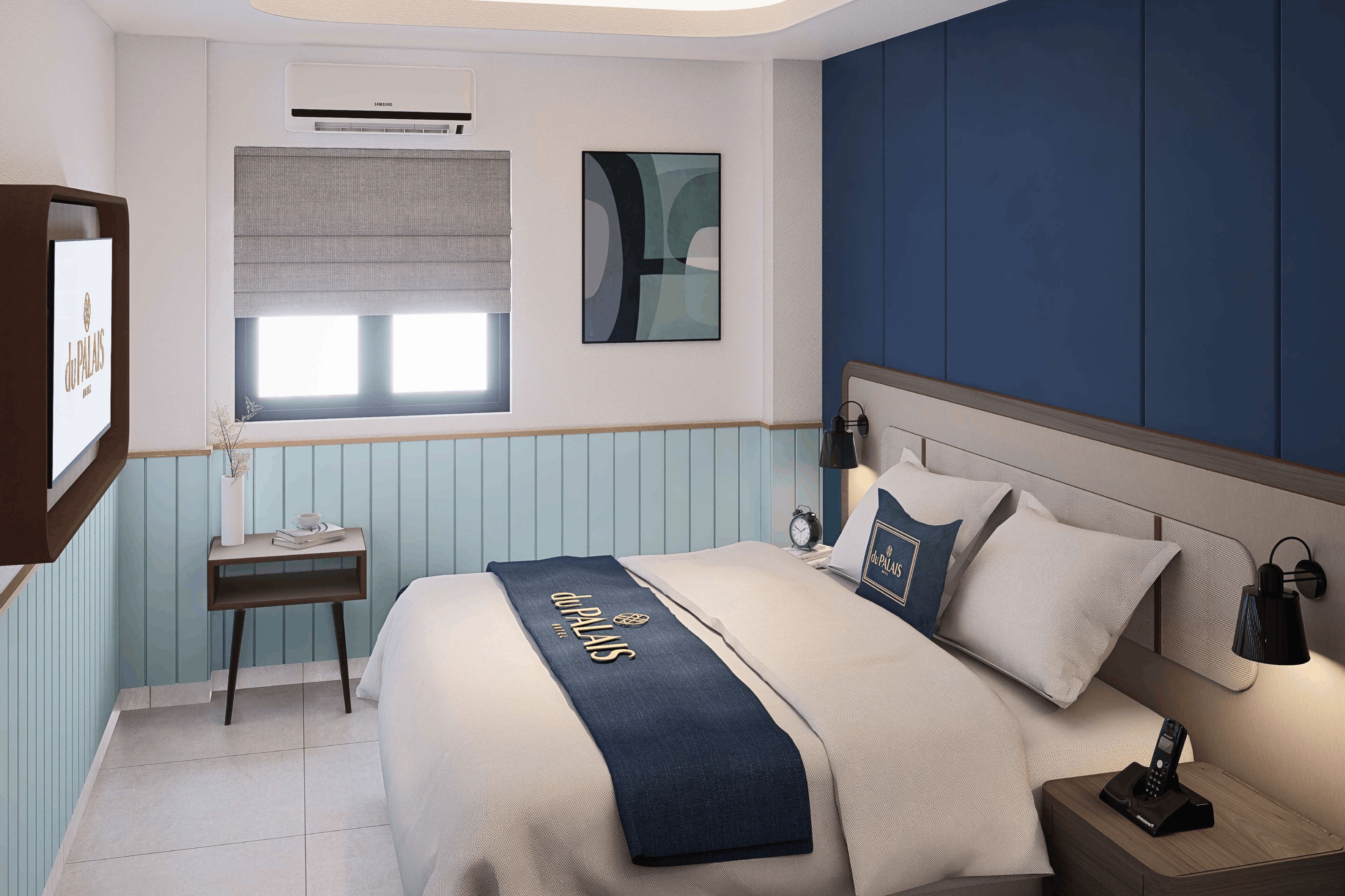 A hotel room with a bed, bedside table, lamp, and a wall-mounted air conditioner.