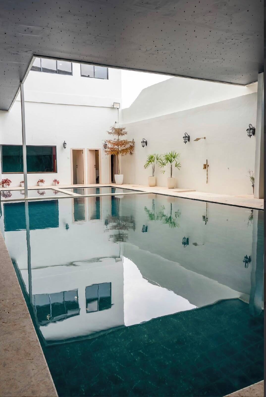 A modern indoor swimming pool with clear water, surrounded by white walls and potted plants.