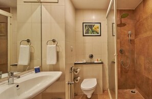 Une salle de bain avec un lavabo, des toilettes et une douche.
