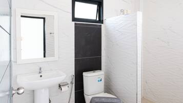 A modern bathroom with a white sink, mirror, toilet, and shower.