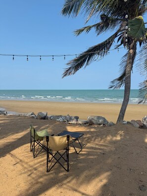 A beach with a palm tree, a string of lights, and a folding chair.