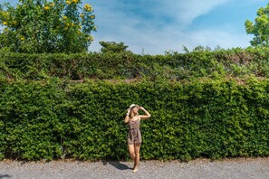 A person standing in front of a well-maintained hedge.