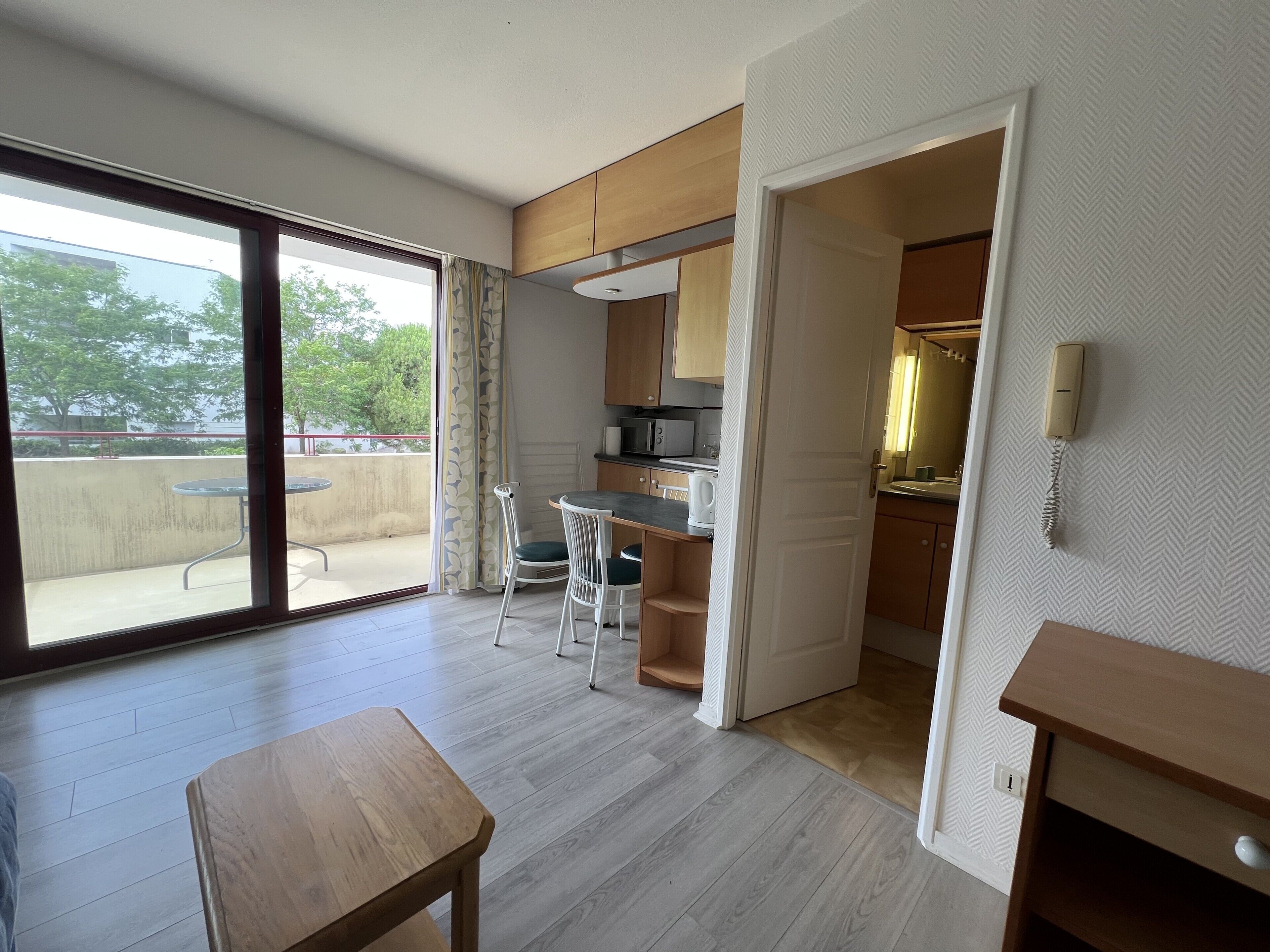 Ein modernes Interieur mit Essbereich, Küche und Blick durch eine große Schiebetür.