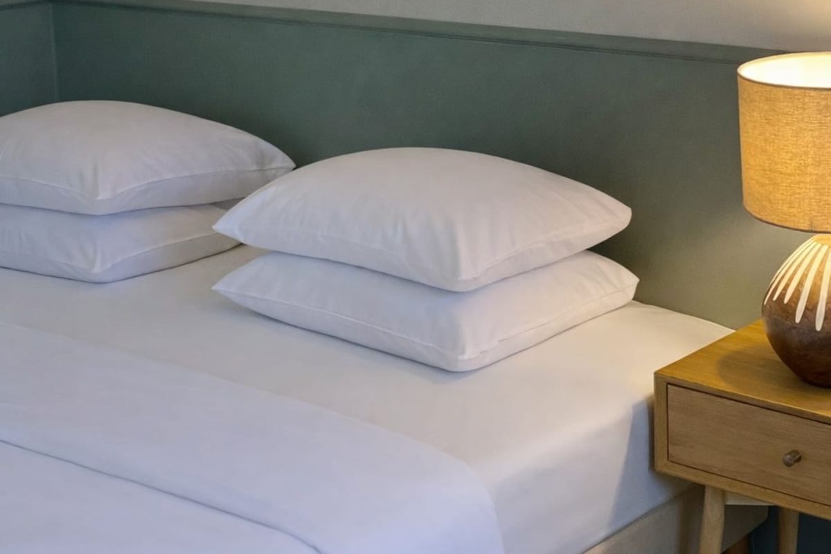 A neatly made bed with white bedding and pillows, a bedside table with a lamp, and a green accent wall.