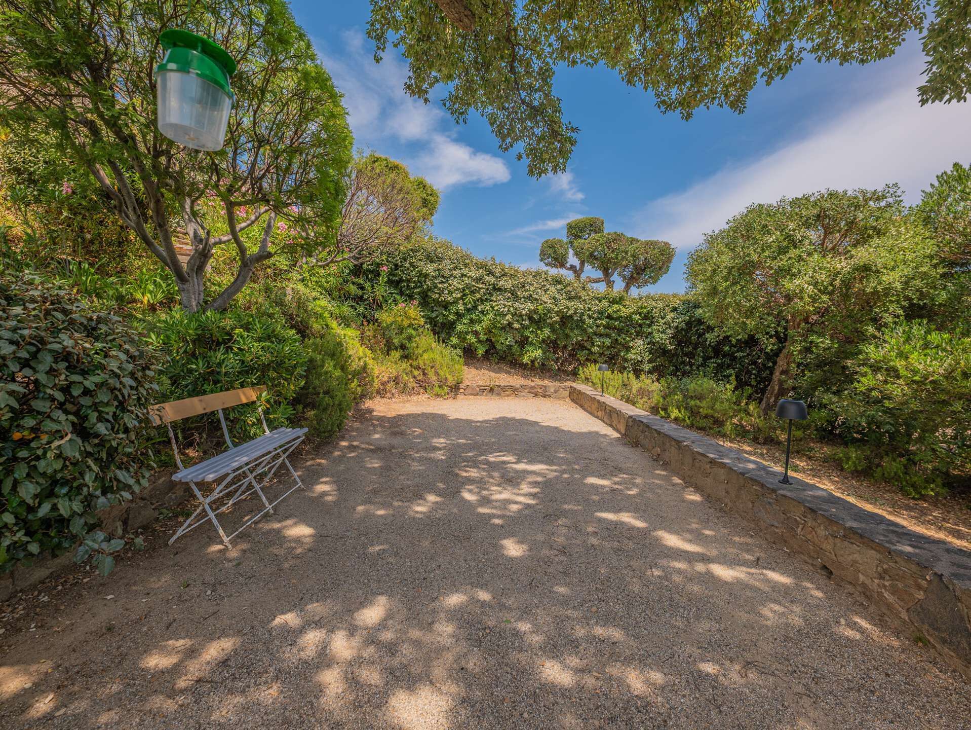 A gravel path with a bench and a lamp post, surrounded by dense greenery and trees.