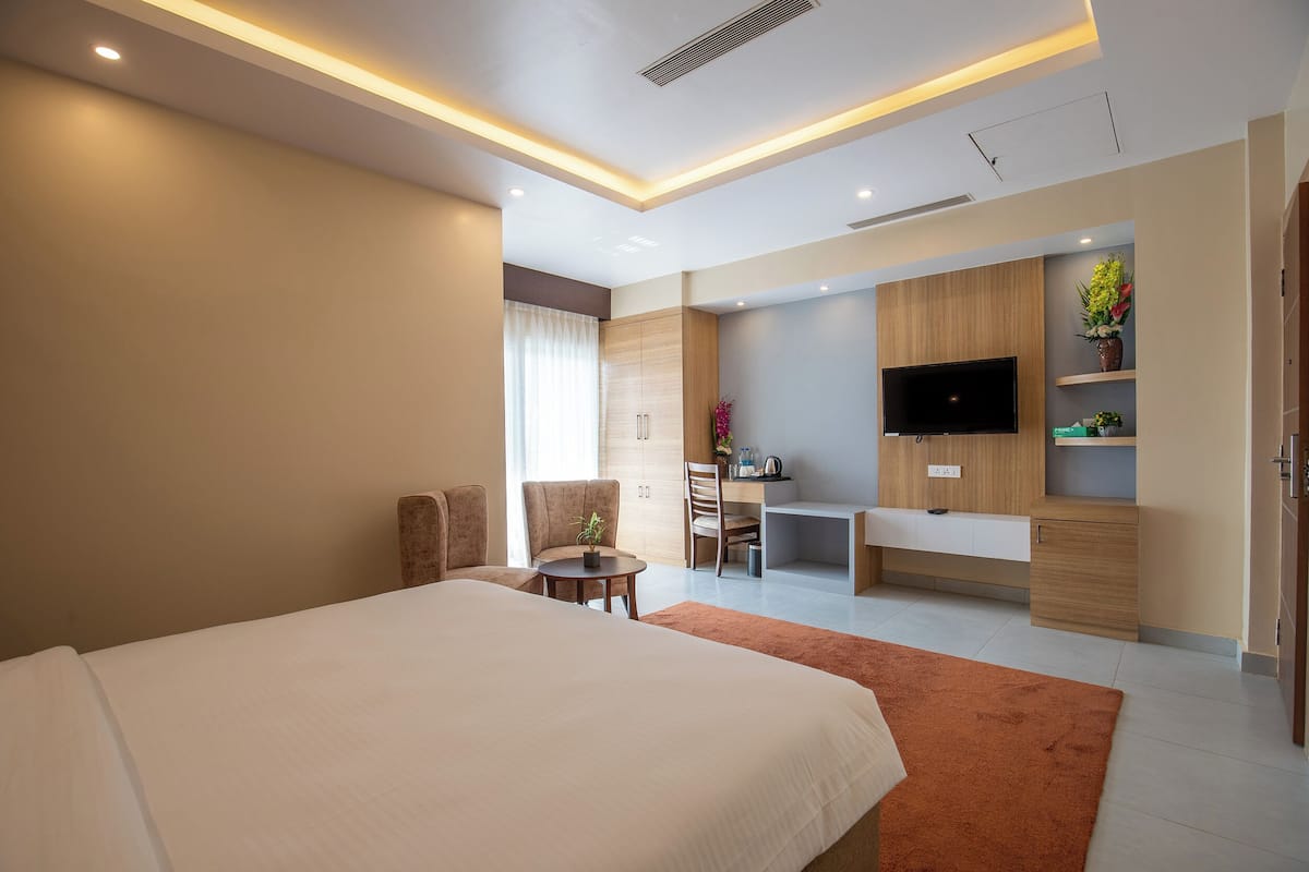 Habitación de hotel con una cama grande, un escritorio con silla, un televisor y una mesita con una planta.