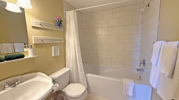 Hair dryer, towels, soap, toilet paper