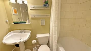 Hair dryer, towels, soap, toilet paper