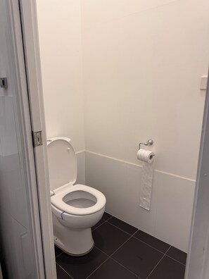 A bathroom with a white toilet, a toilet paper holder, and dark tiled flooring.