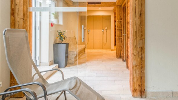Ett hotellrum med ett träpanelat tak, en glasdörr som leder till badrummet, en vadderad stol och en krukväxt.