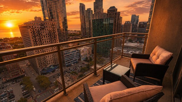 A balcony with wicker furniture, a view of a cityscape at sunset, and tall buildings.