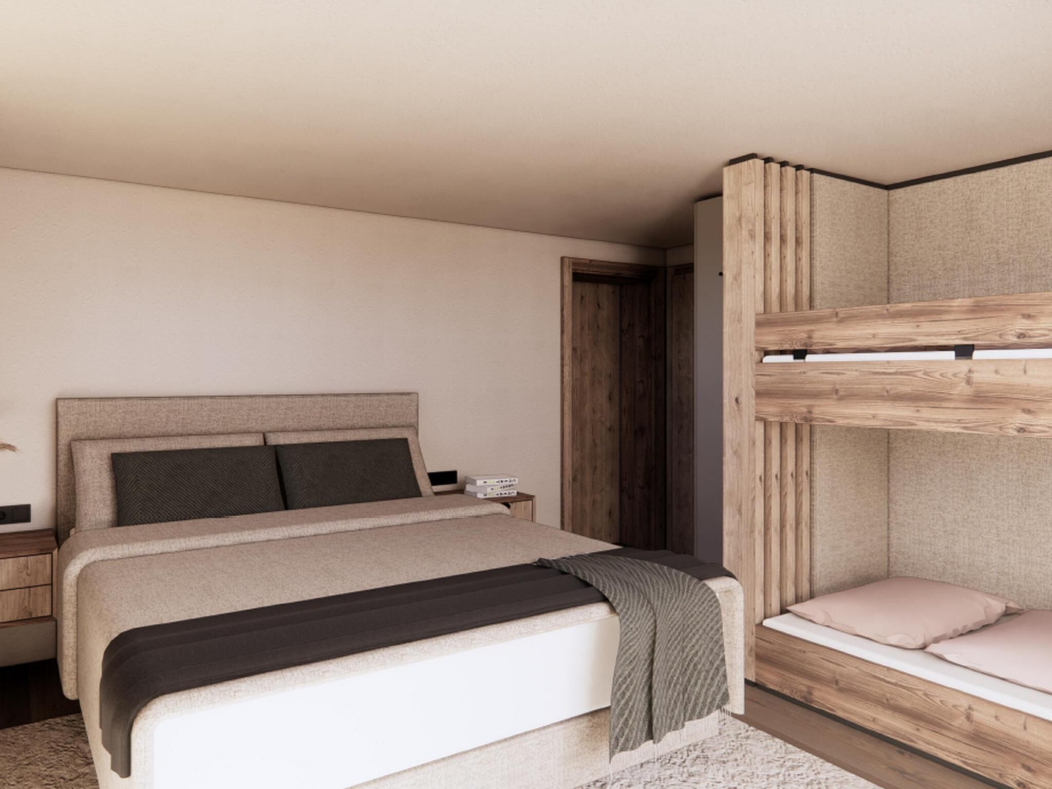 A modern bedroom with a bed, bedside tables, and a built-in bench.