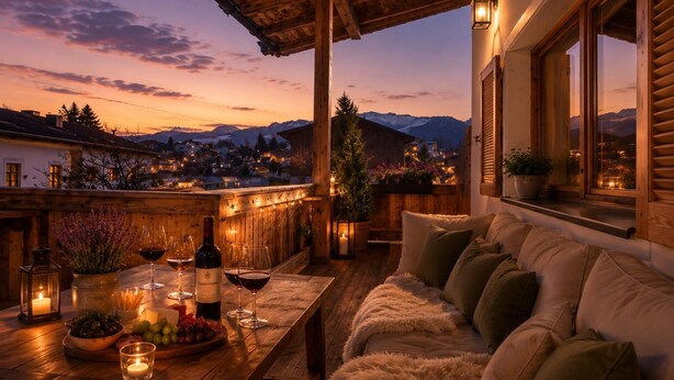 Cómodo espacio al aire libre con mesa de madera, copas de vino y vista a un pueblo y montañas al anochecer.
