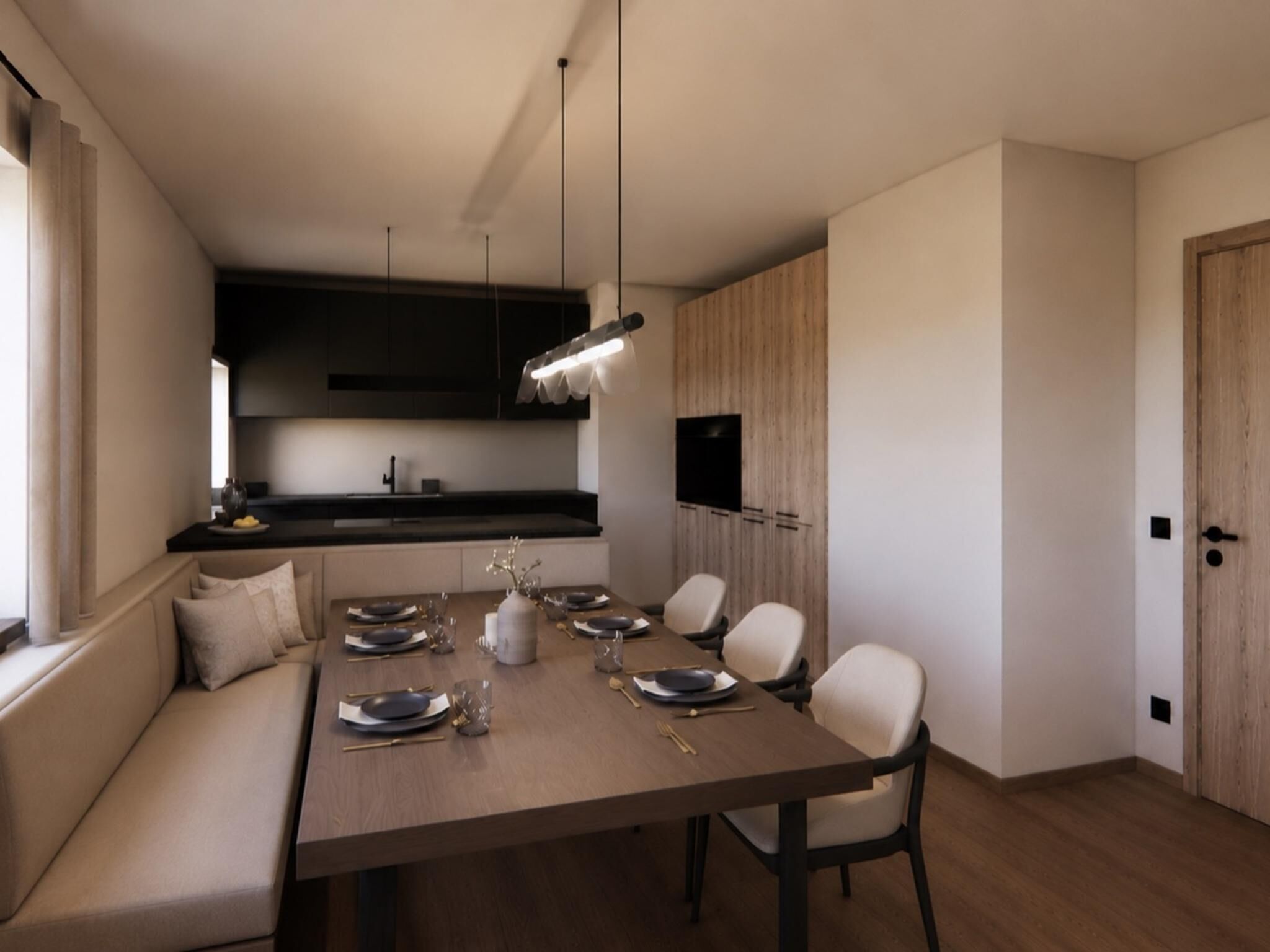 Een moderne eetruimte met een houten tafel voor vier personen, een bank en een keuken op de achtergrond.