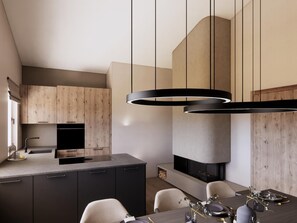 Eine moderne Küche mit Holzausstattung, einer zentralen Kochinsel und einem Essbereich mit Tisch und Stühlen.