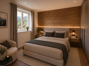 Ein modernes Schlafzimmer mit einem großen Bett, Nachttischen, einem Fenster mit Blick und einem Bild an der Wand.