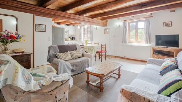 Ein gemütliches Wohnzimmer mit Holzbalkendecke, einer Couch, einem Esstisch und einem Fernseher.