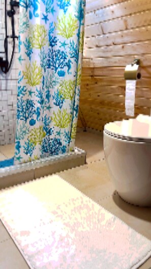 Douche, séchoir à cheveux, serviettes fournies, savon