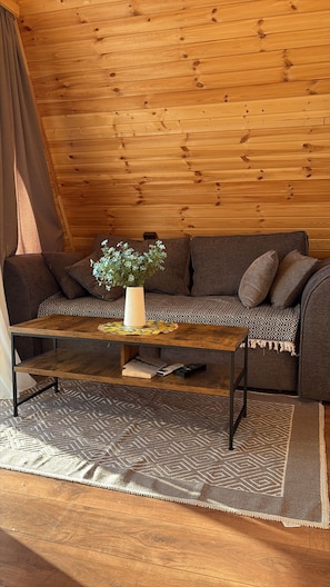 Una habitación acogedora con techo de madera, un sofá con cojines estampados, una mesa de centro con un jarrón y una alfombra con diseño.