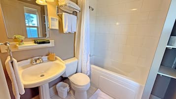 Hair dryer, towels, soap, toilet paper