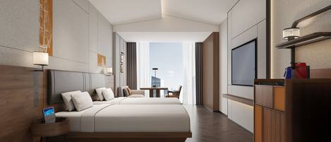 Una habitación de hotel moderna con una cama grande, mesitas de noche, un televisor y vistas a la ciudad.