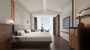 A modern hotel room with a large bed, bedside tables, a TV, and a view of the city. - UrCove by Hyatt Quanzhou Urban  (Quanzhou)