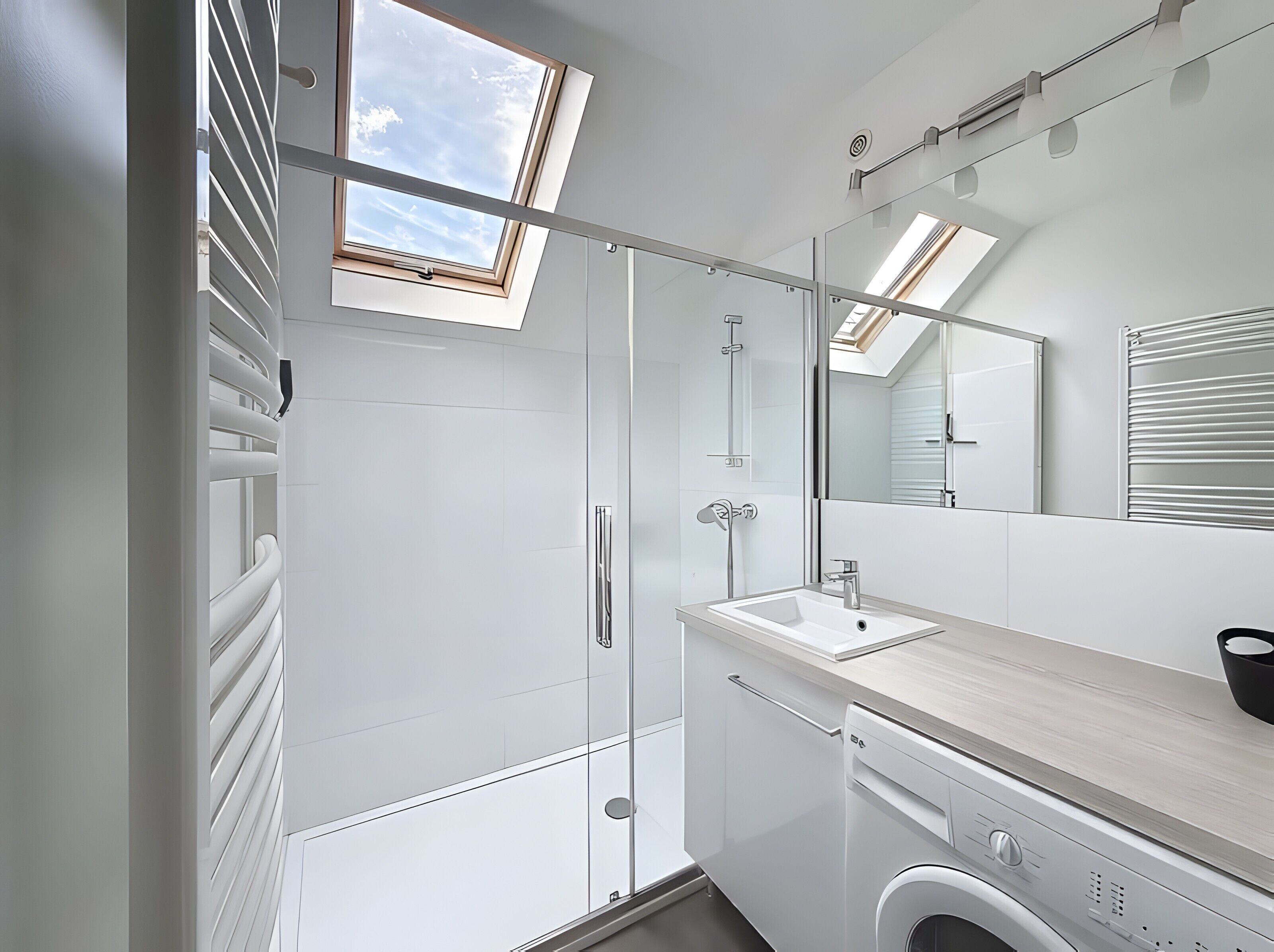 A modern bathroom with a skylight, a glass shower enclosure, a sink, and a washing machine.