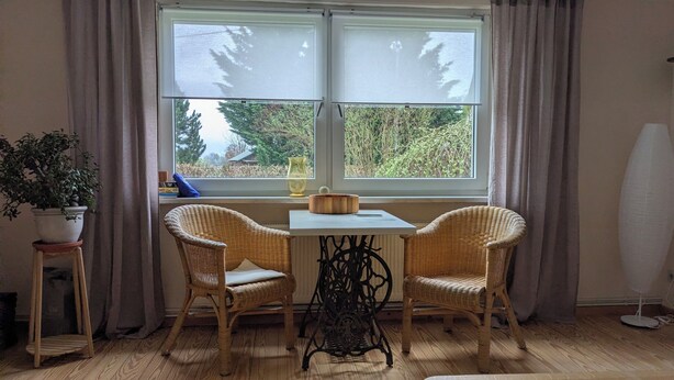 Ein Zimmer mit einem Tisch, zwei Korbstühlen, einem Blumentopf, einem kleinen Tisch mit einer Vase und einem Fenster mit Vorhängen.