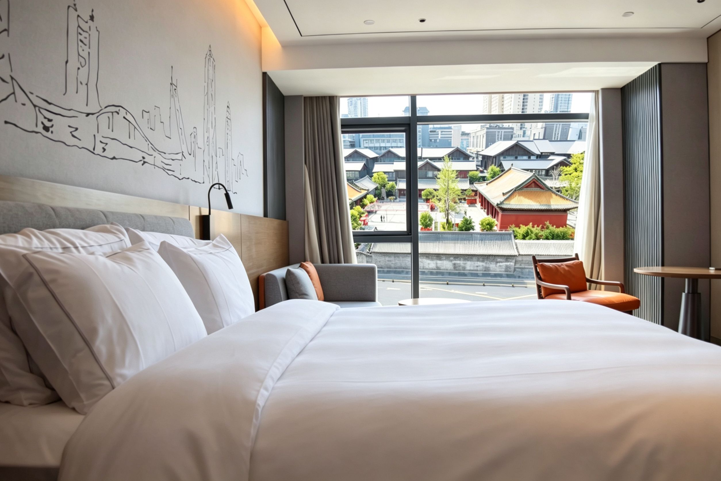 A hotel room with a large bed, a view of traditional buildings, and a modern interior design.
