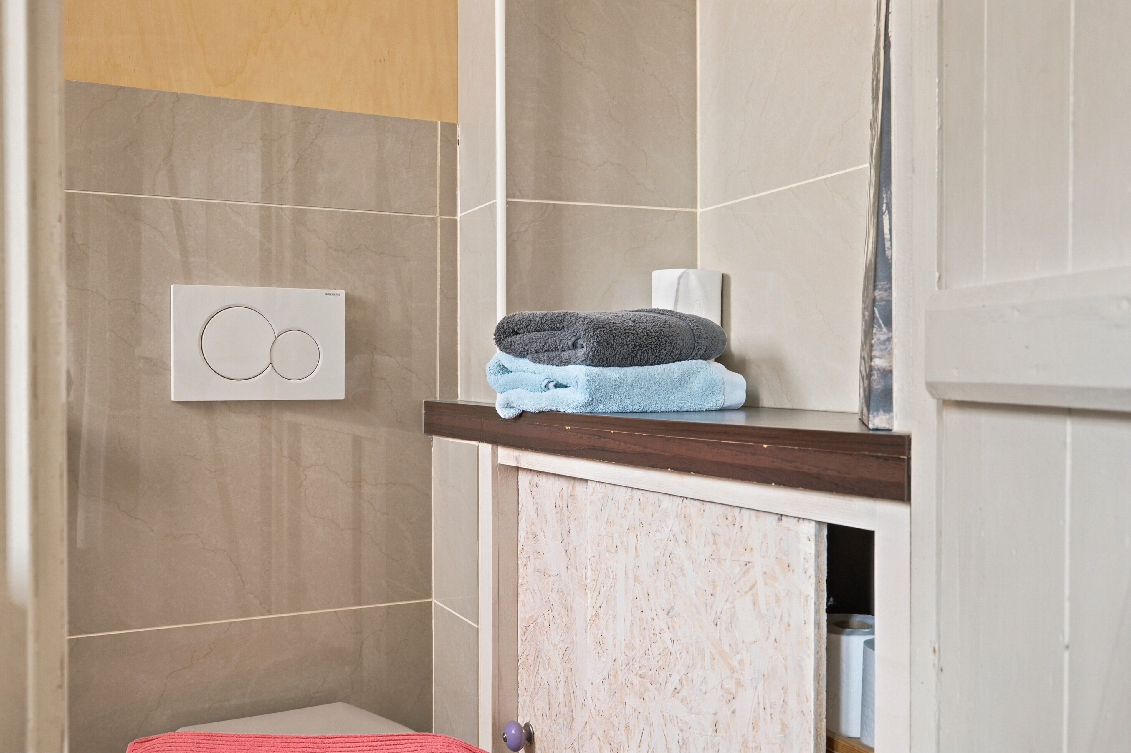 Une salle de bain équipée d’un porte-serviettes, d’un support à papier toilette et d’un espace douche.