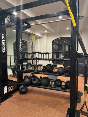 A gym with weightlifting equipment, including dumbbells and medicine balls, and a mirrored wall. - Luxury/Cozy 1-Bedroom Condo Retreat Dunwoody GA (Dunwoody)