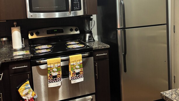 A kitchen with dark cabinets, a stainless steel microwave, oven, and refrigerator. - Luxury/Cozy 1-Bedroom Condo Retreat Dunwoody GA (Dunwoody)