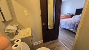 Une salle de bain avec des toilettes, un lavabo et un miroir, qui donne sur une chambre à coucher équipée d’un lit et d’une commode.