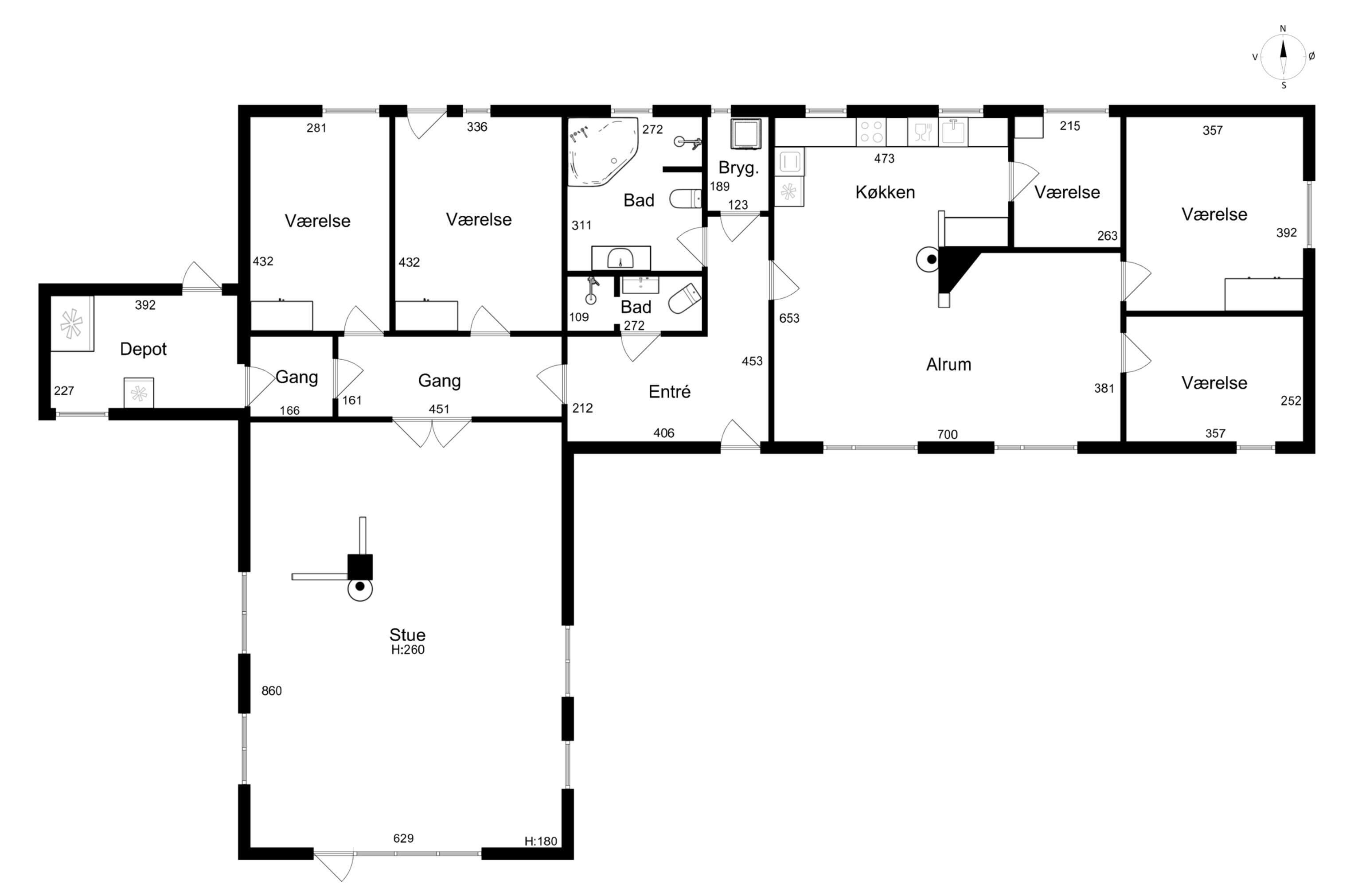 A floor plan with multiple rooms including a kitchen, bathroom, and a storage area.