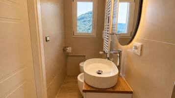 Hair dryer, bidet, towels, soap