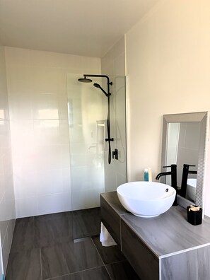 A modern bathroom with a glass shower enclosure, a white sink, and a large mirror. - Kuki Kainga (Matavera District)