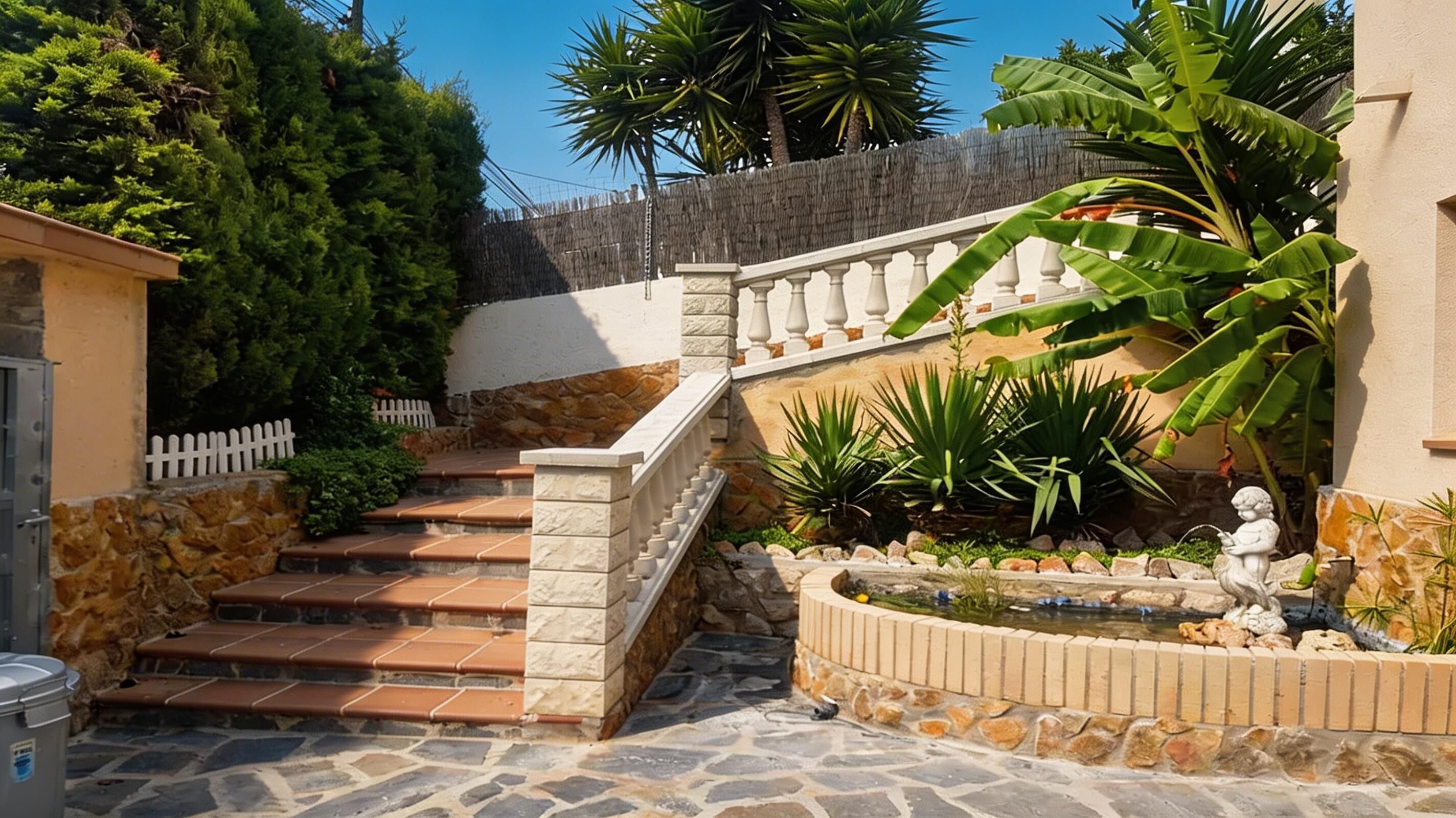 A stone staircase leading to a house with a white picket fence, a small garden with a pond, and tropical plants.