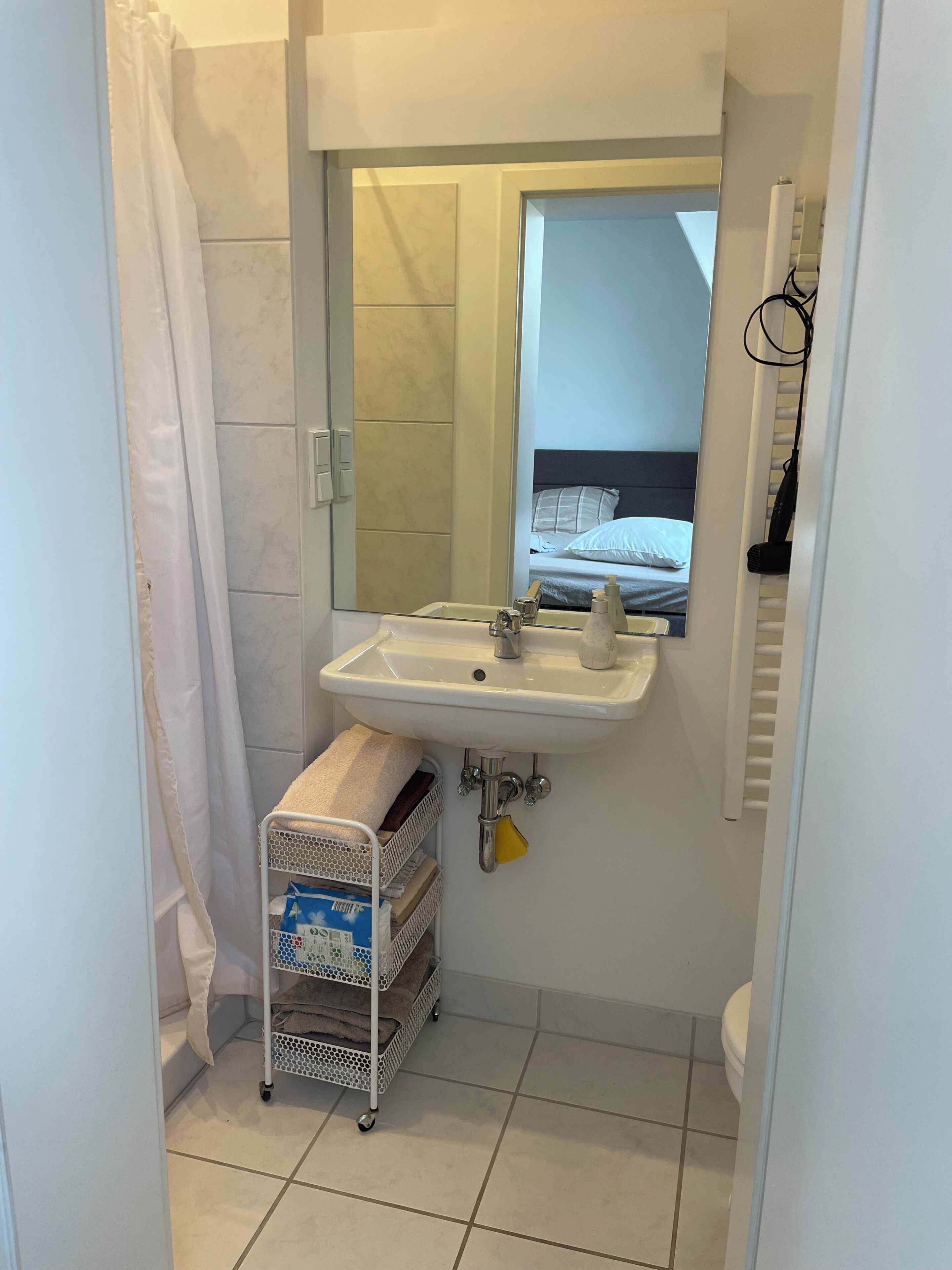 Shower, hair dryer, towels, toilet paper