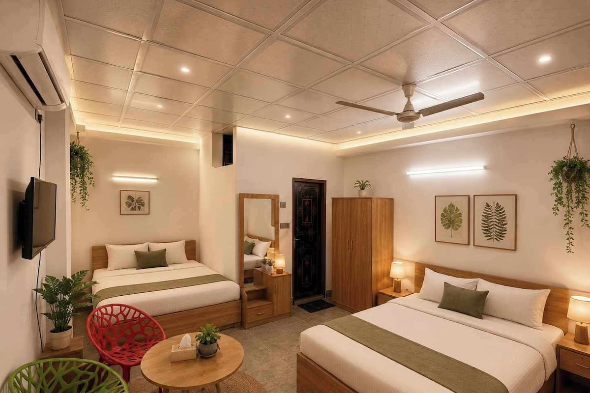 Une chambre d’hôtel avec deux lits, une télévision, un ventilateur de plafond et une petite table avec une plante.