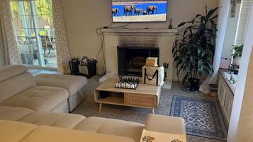 Smart TV, fireplace, books, computer monitors
